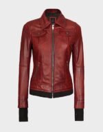 maroon hooded leather jacket for women