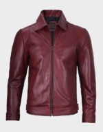 maroon shirt style real leather jacket