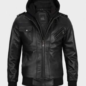 men black leather hooded jacket