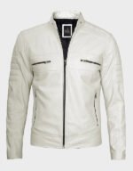 men cafe racer off white real leather jacket