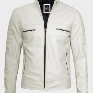 men cafe racer off white real leather jacket