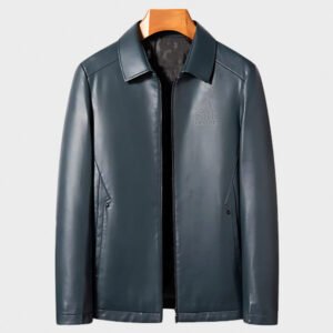 men lake blue lapel fashion leather jacket