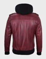 men maroon bomber leather jacket with removable hood