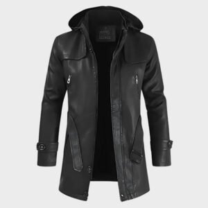 men pu hooded slim fit black-leather jacket