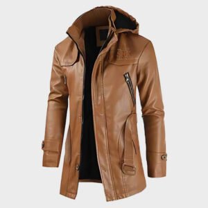 men pu hooded slim fit leather jacket