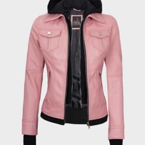 pink zipper closure bomber real leather jacket