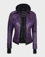 real leather purple jacket with removable hood