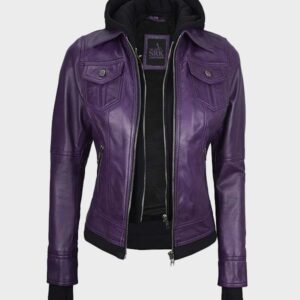 real leather purple jacket with removable hood