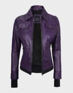 real leather purple jacket with removable hood women