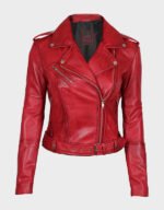 red ladies zipper biker leather jacket