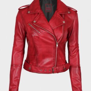 red ladies zipper biker leather jacket