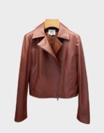 slim fit zipper light brown leather jacket