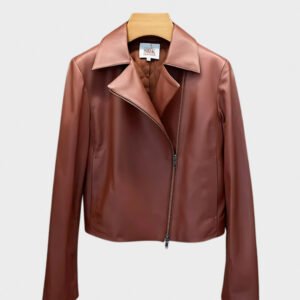 slim fit zipper light brown leather jacket