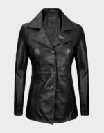 three button black real leather blazer