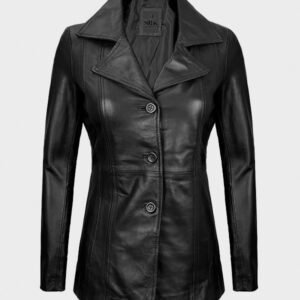 three button black real leather blazer