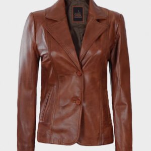 two button cognac leather blazer