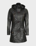 women black slim fit real leather coat with hood