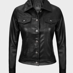 women black trucker leather jacket