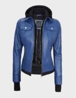 women blue leather bomber jacket