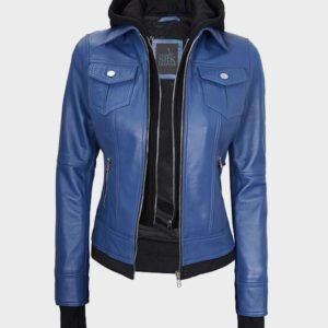 women blue leather bomber jacket