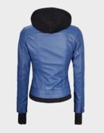 women blue leather bomber jacket with removable hood