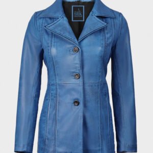 women blue leather coat