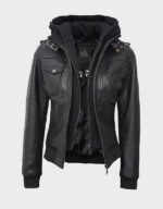 women bomber black leather jacket