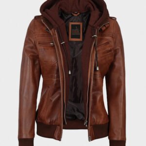 women bomber cognac brown leather jacket