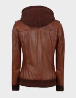 women bomber cognac brown leather jacket with removable hood