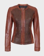 women brown textured leather cafe racer jacket