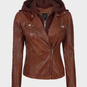 women cognac biker leather jacket