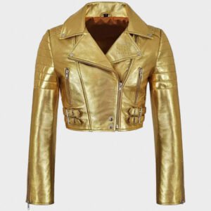 women cropped golden leather jacket