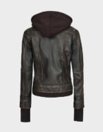 women dark brown leather jacket with hood