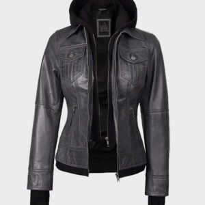 women dark grey leather jacket