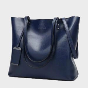 women double strap shoulder blue leather bag