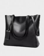 women double strap shoulder leather bag black