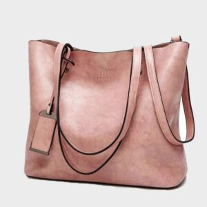 women double strap shoulder pink leather bag