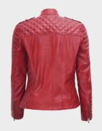 women maroon asymmetrical padded leather jacket