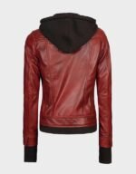 women maroon hooded leather jacket