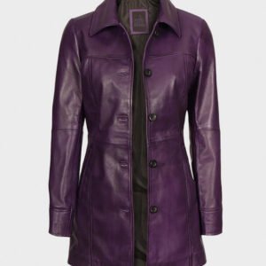 women purple leather coat