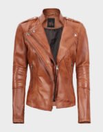 women tan leather motorcycle jacket