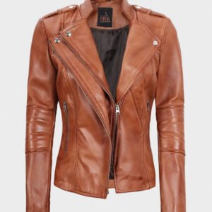 women tan leather motorcycle jacket