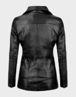 women three button black real leather blazer