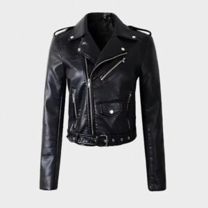 women zipper black motorcycle leather jacket