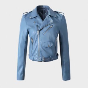 women zipper blue motorcycle leather jacket