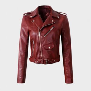 women zipper maroon motorcycle leather jacket