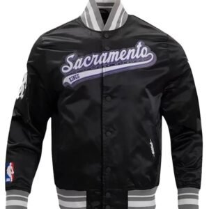 sacramento kings script tail black varsity satin jacket
