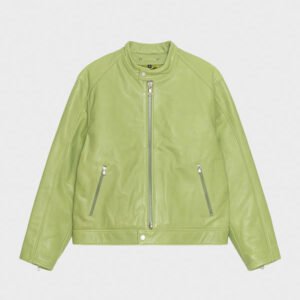 stussy cafe racer lime leather jacket