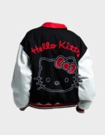 unisex hello kitty black and white varsity bomber jacket