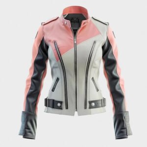 women peach pink and black biker jacket